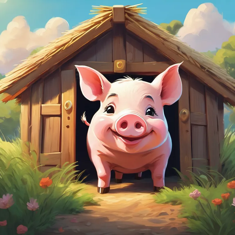 A little pig with a straw house and a smile