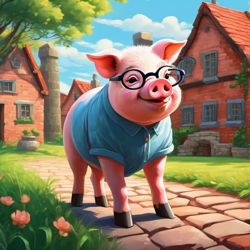 A little pig with a brick house and glasses