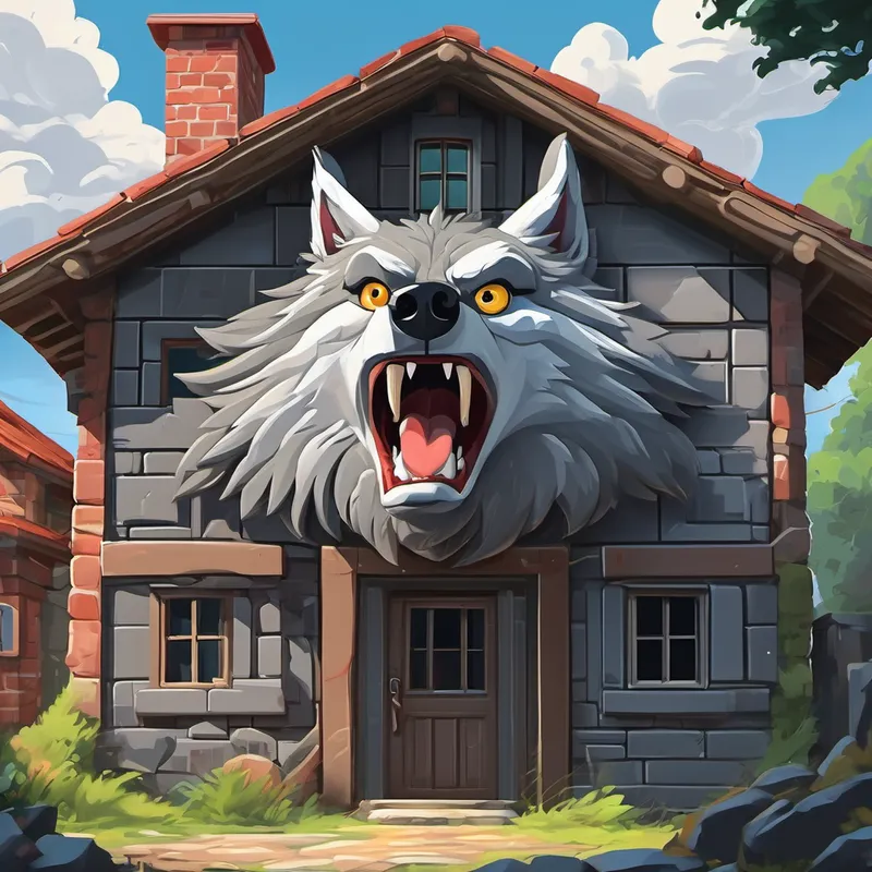 A Big bad wolf: gray, fierce, and hungry. blowing and a strong brick house