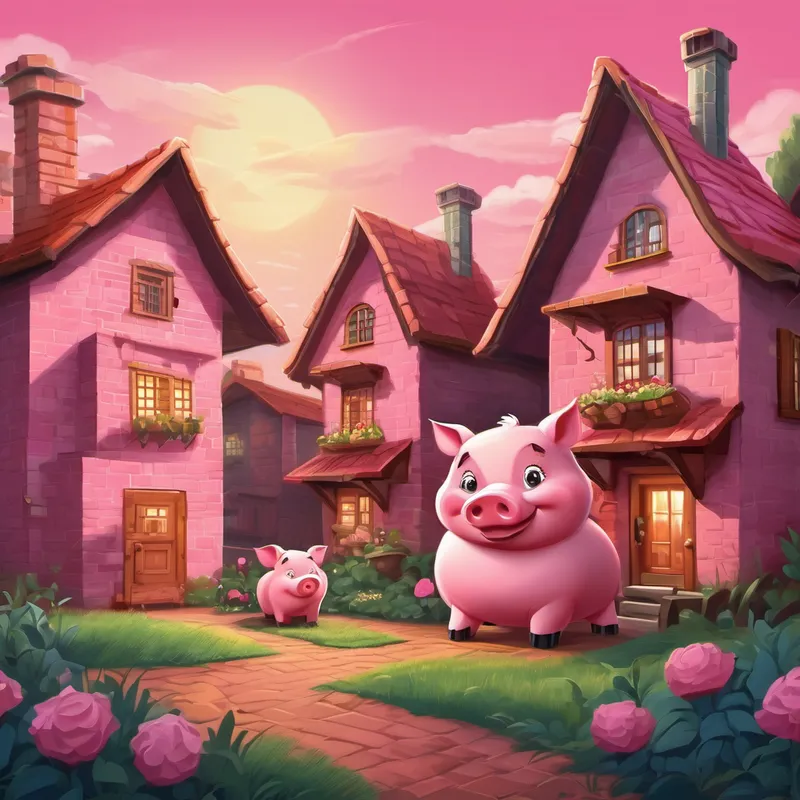 Three happy Three little pigs: pink, happy, and different houses. in their strong brick house