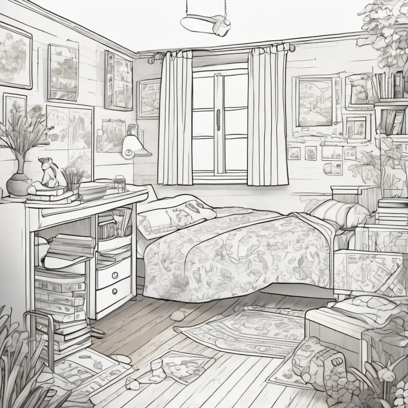 Inventive boy, short brown hair, bright brown eyes, always smiling's room is shown with inventive materials scattered around.