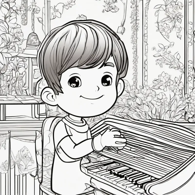 Inventive boy, short brown hair, bright brown eyes, always smiling is picking parts for the music box meticulously.