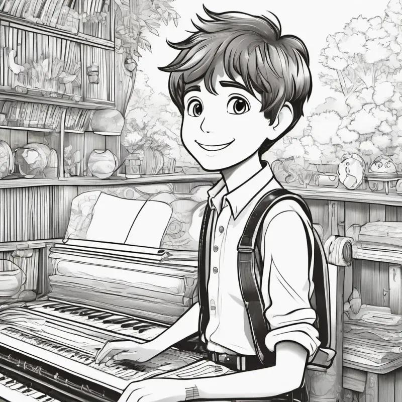 Inventive boy, short brown hair, bright brown eyes, always smiling notices a missing vital piece for the music box.