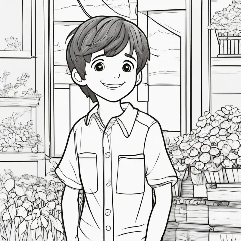 Inventive boy, short brown hair, bright brown eyes, always smiling searches his room for the missing spring.