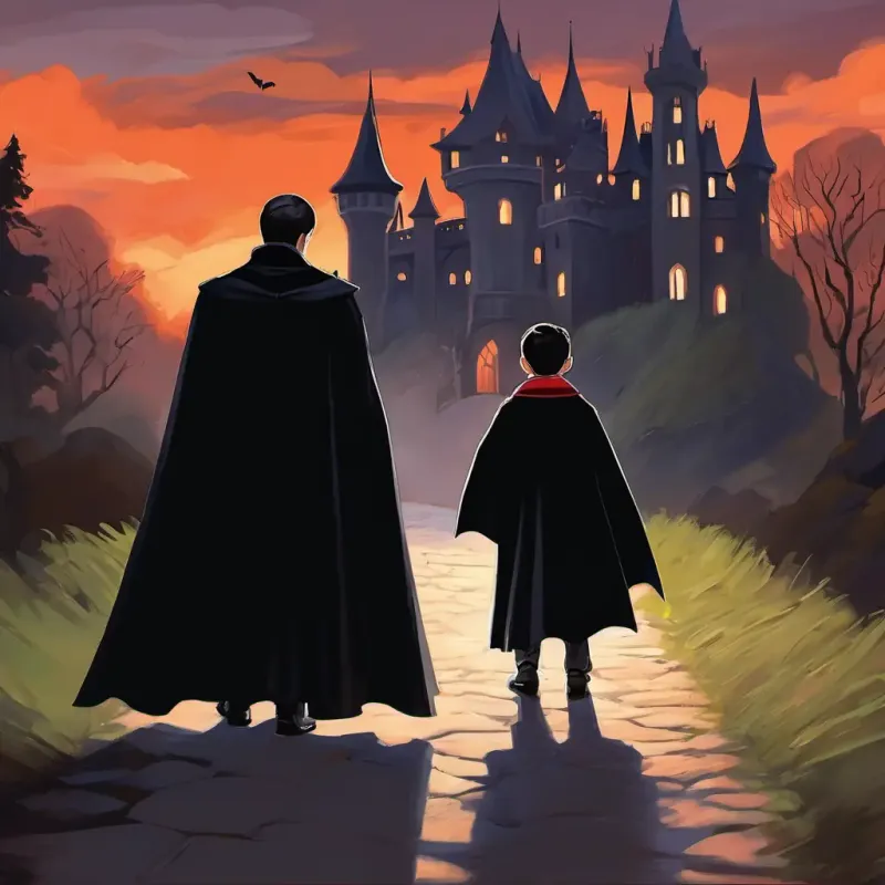 A 5-year-old vampire with a black cape and his dad in their spooky castle, A 5-year-old vampire with a black cape wearing a black cape