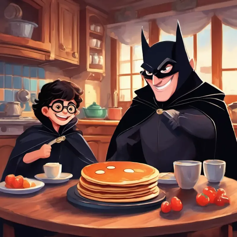 A 5-year-old vampire with a black cape's dad with glasses and a big smile and A 5-year-old vampire with a black cape having breakfast in the kitchen, bat-shaped pancakes