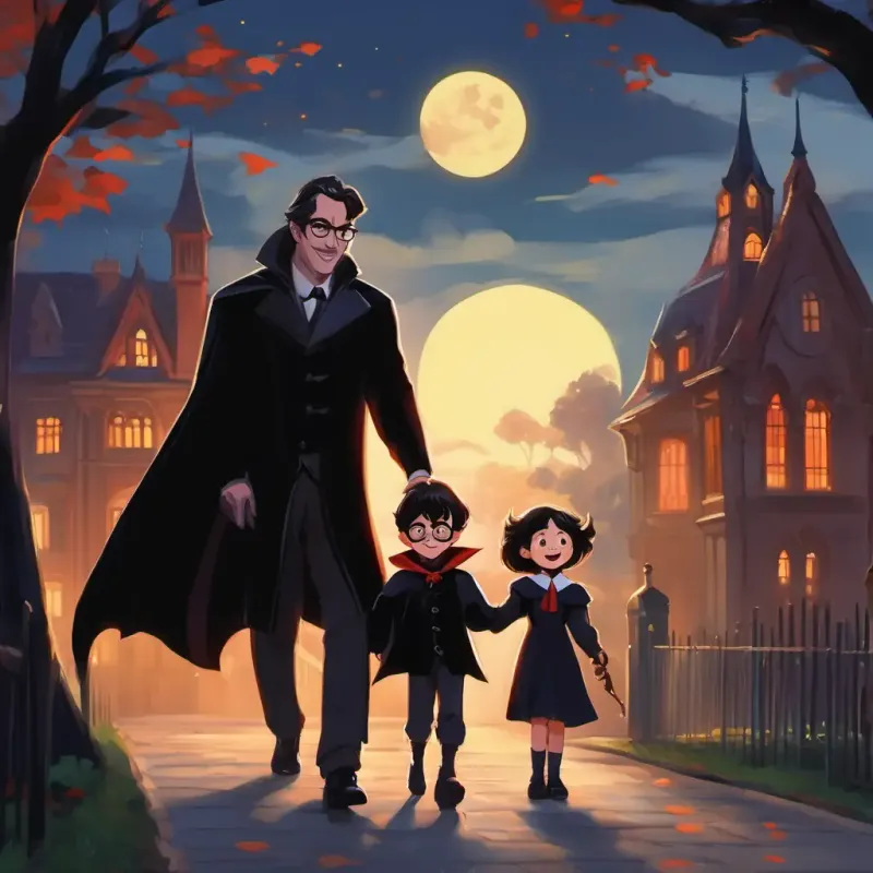 A 5-year-old vampire with a black cape's dad with glasses and a big smile and A 5-year-old vampire with a black cape arriving at the spooky school, kids playing in the schoolyard
