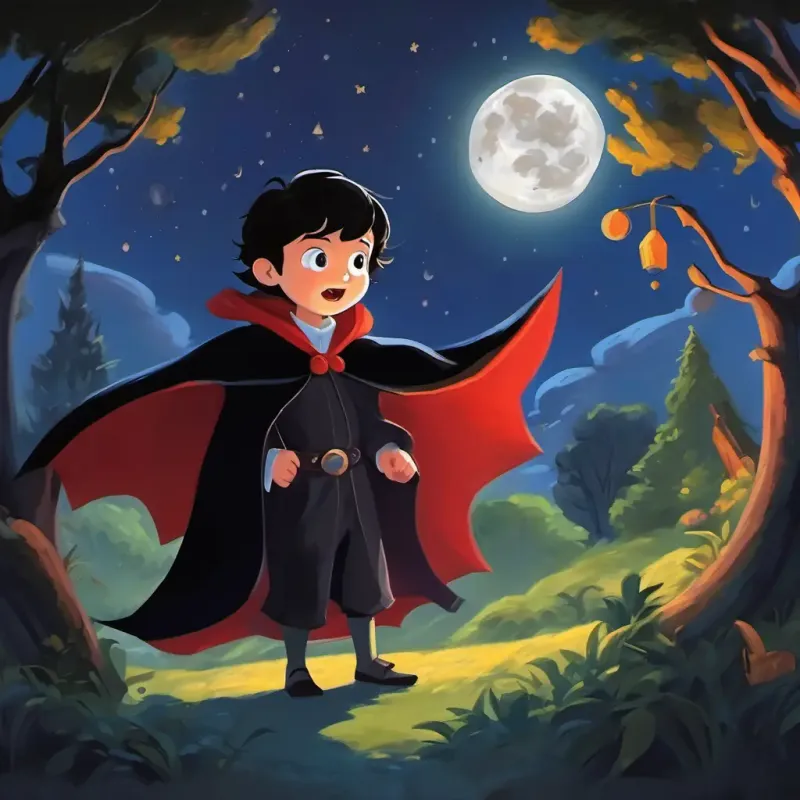 A 5-year-old vampire with a black cape learning spells, howling at the moon, and playing hide-and-seek with his friends