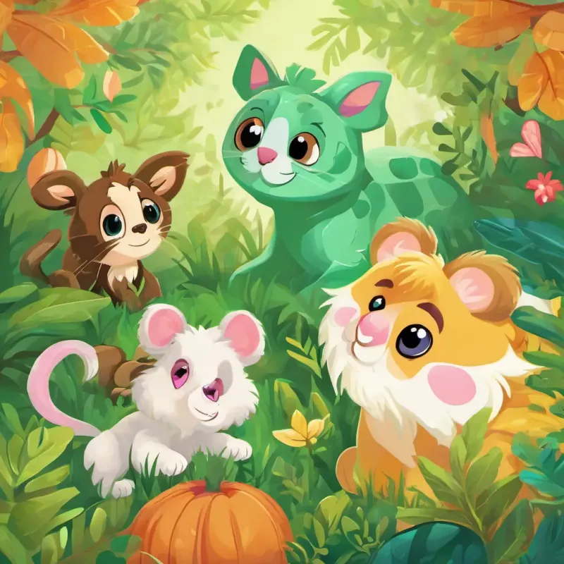 The text describes four animal friends - Bella the bunny - soft white fur, bright pink eyes the bunny, Milo the monkey - brown fur, mischievous amber eyes the monkey, Toby the turtle - green shell, gentle brown eyes the turtle, and Luna the lion - golden mane, sparkling green eyes the lion - living in a cozy forest, looking excited and eager for Halloween.