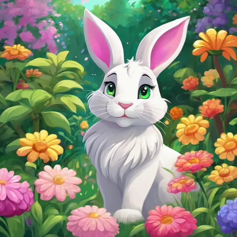 Bella the bunny - soft white fur, bright pink eyes the bunny searching for costume ideas, discovering a garden with colorful flowers, and picking flowers to make a crown for Luna the lion - golden mane, sparkling green eyes the lion. The location is a garden full of colorful flowers.