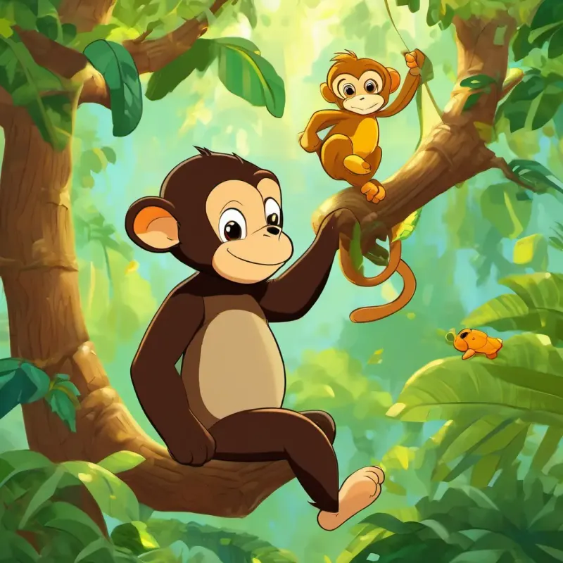 Milo the monkey - brown fur, mischievous amber eyes the monkey climbing trees and swinging from branches, discovering a bunch of bananas, and collecting them to make a costume for Toby the turtle - green shell, gentle brown eyes the turtle. The setting is trees in the forest.