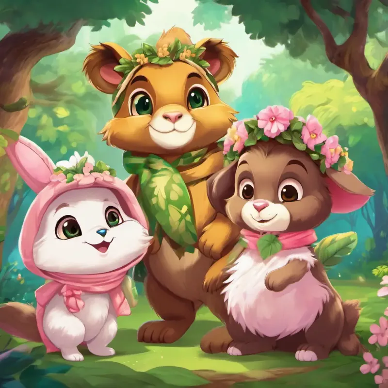 The animals gathering at Bella the bunny - soft white fur, bright pink eyes's cozy burrow and helping each other put on their costumes - Bella the bunny - soft white fur, bright pink eyes wearing a fluffy bunny costume, Milo the monkey - brown fur, mischievous amber eyes wearing a banana costume, Toby the turtle - green shell, gentle brown eyes wearing a turtle-shell costume, and Luna the lion - golden mane, sparkling green eyes wearing a flower crown.