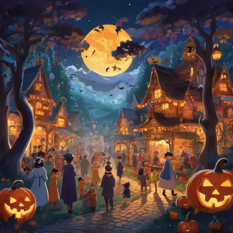 The animals exploring the forest at night, coming across a human village with Halloween celebrations, and joining a parade with people in costumes and colorful decorations. The location is a human village teeming with Halloween celebrations.