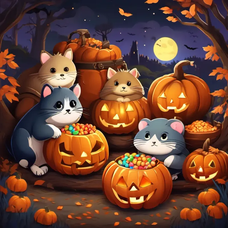 The animals returning to their cozy burrow, exhausted but content, with bags full of candies. They promise that Halloween will always be their favorite celebration and fall asleep, dreaming about their first Halloween. The setting is their cozy burrow.