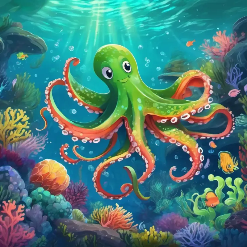 Underwater world with colorful corals and fish, A green octopus with a big smile, dancing gracefully underwater the octopus dancing happily