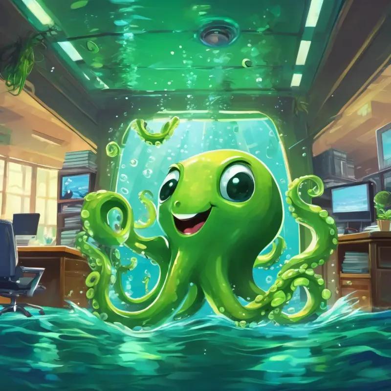 A green octopus with a big smile, dancing gracefully underwater swimming through a portal and appearing in a modern office with computers and people