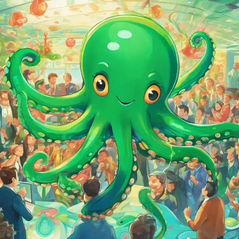A green octopus with a big smile, dancing gracefully underwater surrounded by curious people in the office, everyone looking surprised and excited