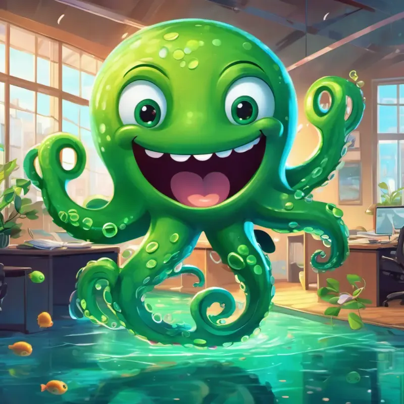 A green octopus with a big smile, dancing gracefully underwater dancing happily in the office, people clapping and cheering
