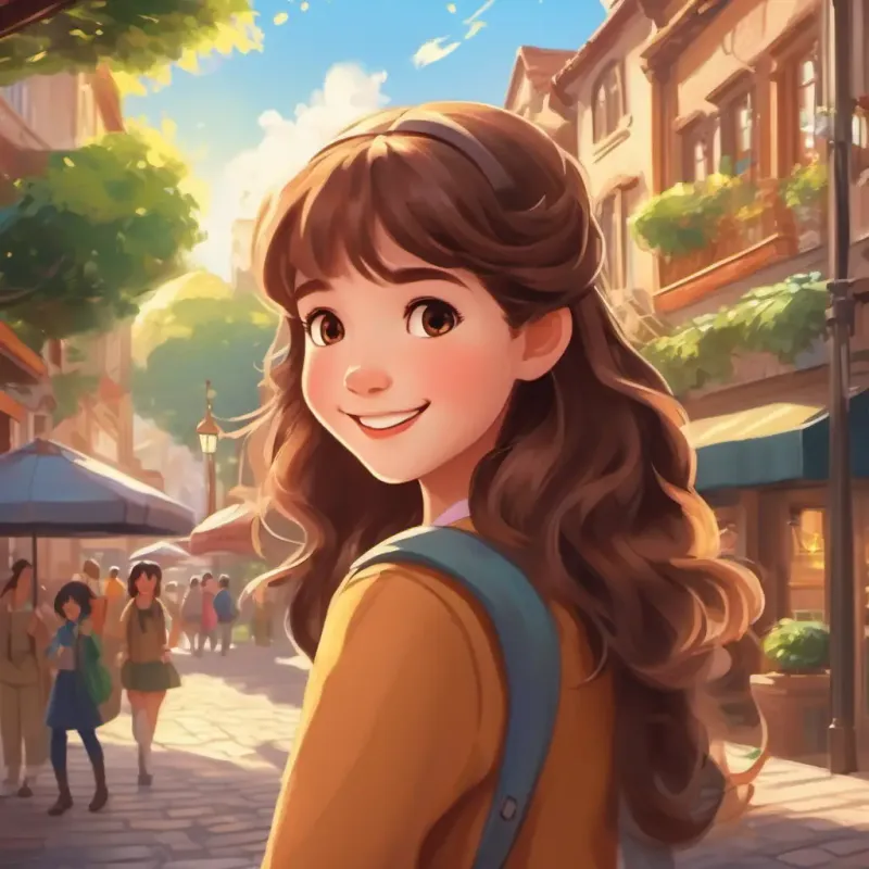 Introducing Girl, long brown hair, brown eyes, always smiling, setting the cheerful town, daytime.