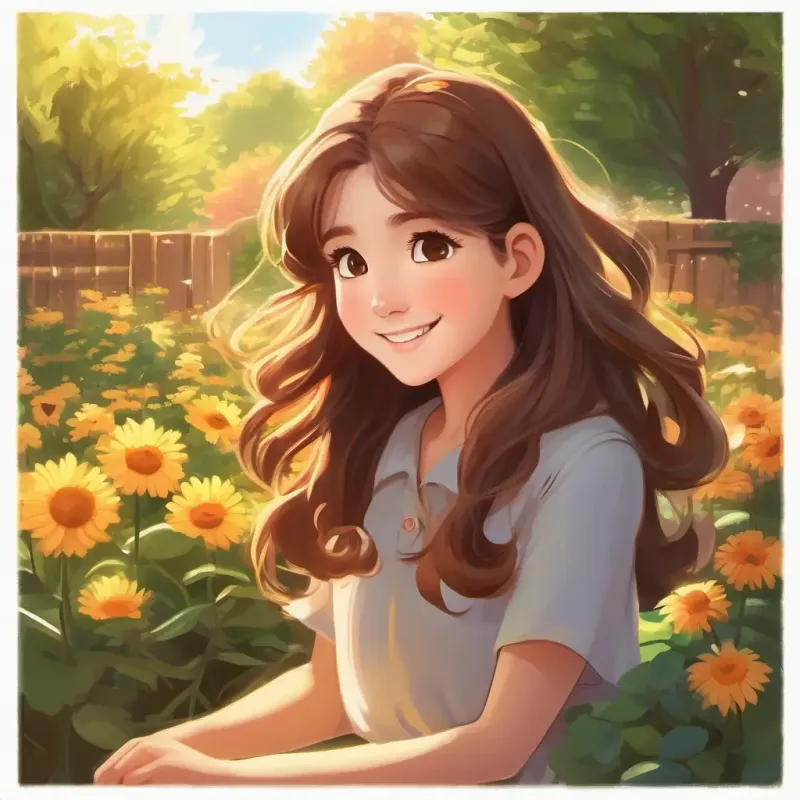 Girl, long brown hair, brown eyes, always smiling's discovery, sunshine, garden scenery.