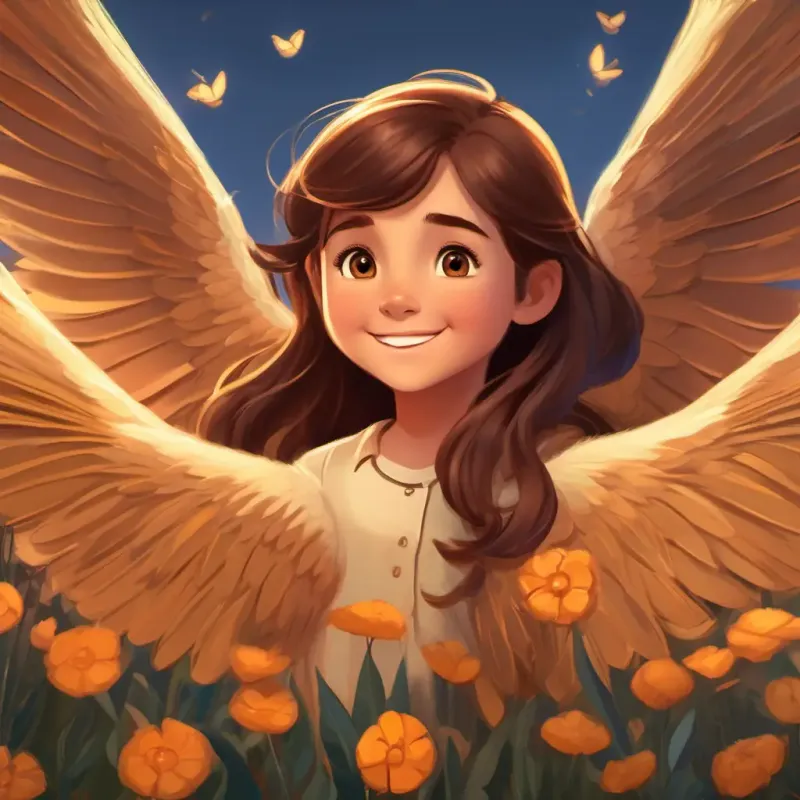 Girl, long brown hair, brown eyes, always smiling meeting the tiny winged boy, surprise encounter.