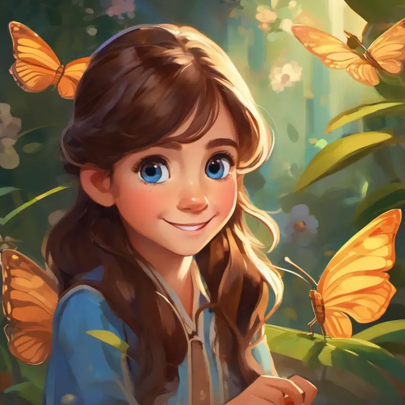 Girl, long brown hair, brown eyes, always smiling introduces herself to Tiny boy, butterfly wings, twinkling blue eyes, mischievous grin, initial conversation.