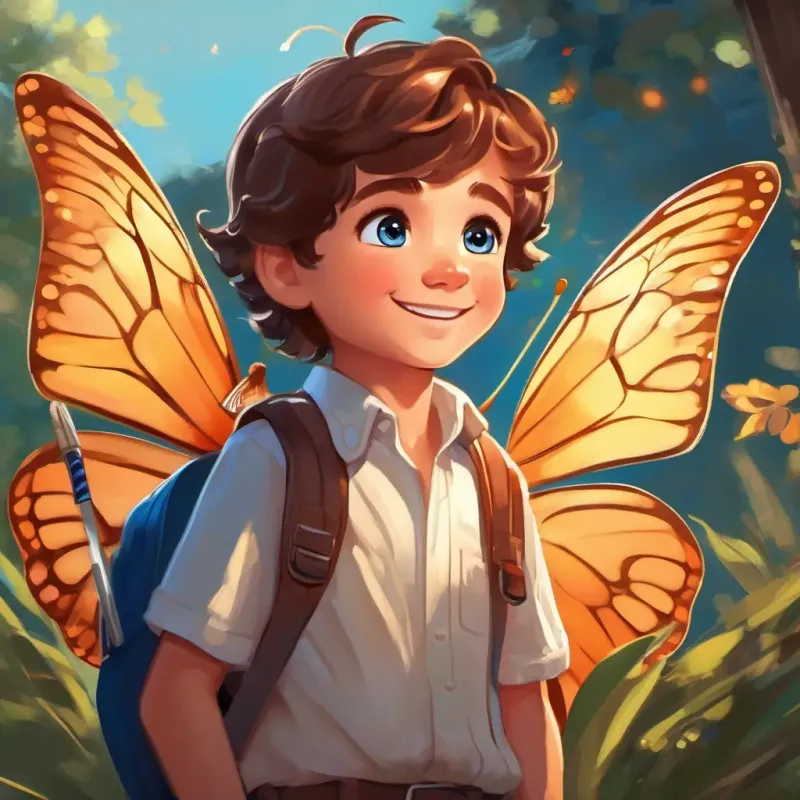 Tiny boy, butterfly wings, twinkling blue eyes, mischievous grin's curiosity about school, Girl, long brown hair, brown eyes, always smiling sharing experiences.
