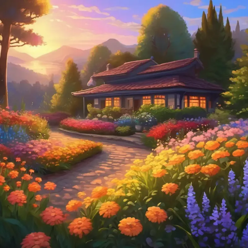 Magic display, flowers glowing, evening setting.