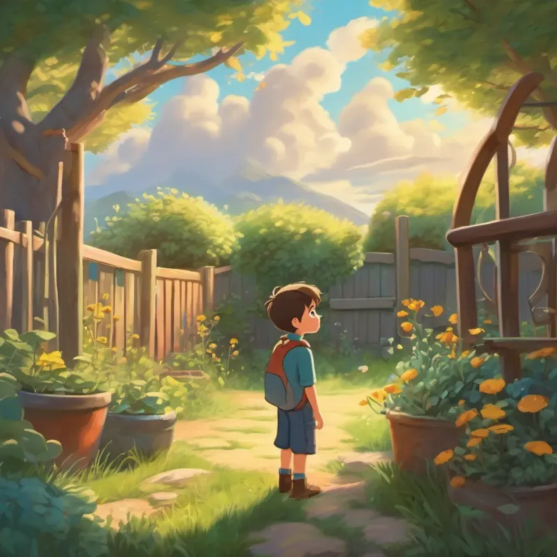 a curious little boy, with a sunny sky, discovering something unusual in his backyard