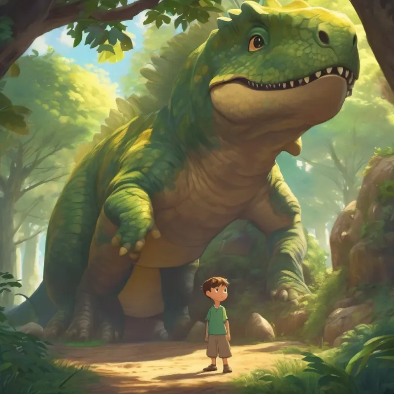 a little boy opening a hidden door under a tree, revealing a friendly dinosaur