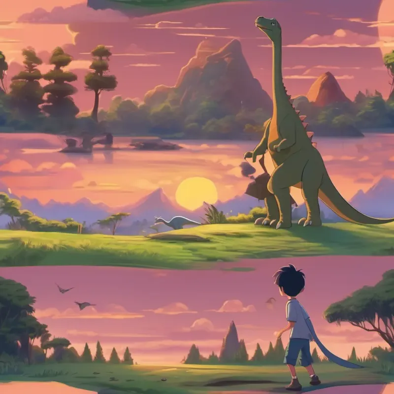 a dinosaur nodding and disappearing as the dawn breaks, with the boy waving goodbye