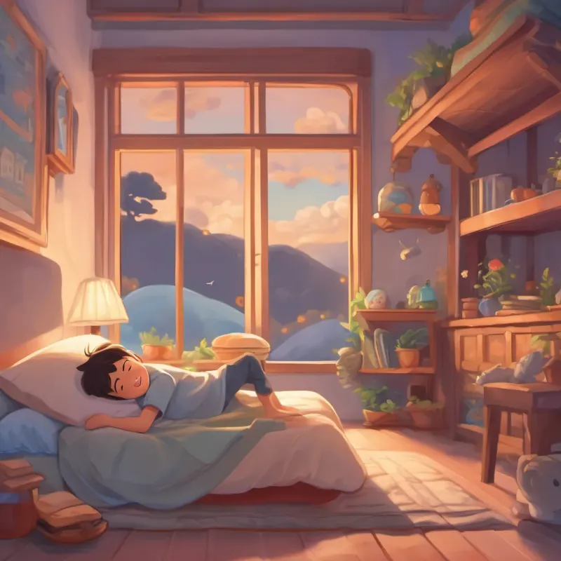 a little boy waking up in bed happily, hugging his pillow and dreaming of future adventures