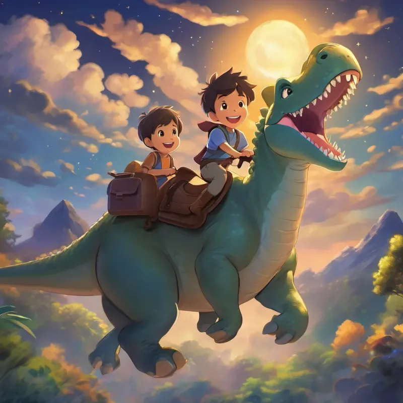 a little boy riding on a friendly dinosaur, both smiling, flying into the night sky