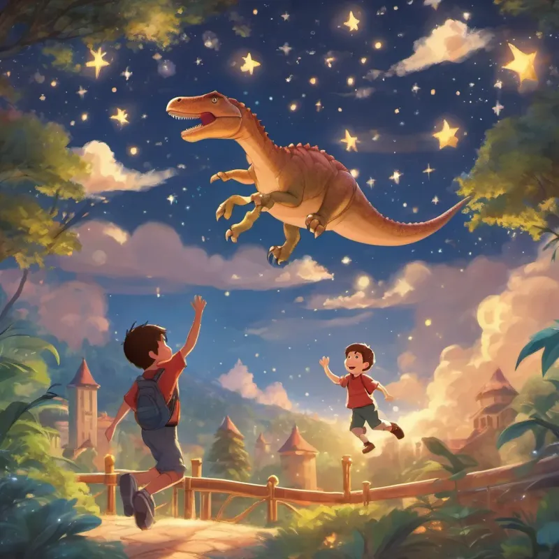a boy and a dinosaur flying among twinkling stars, with the boy expressing joy