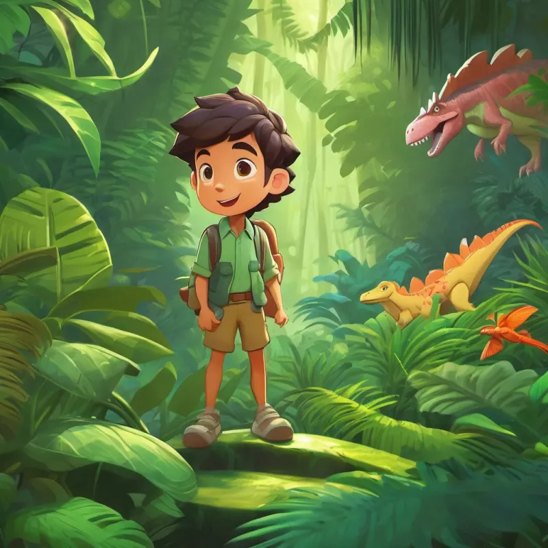 a lush, green jungle with exotic creatures, and a boy and a dinosaur ready to explore