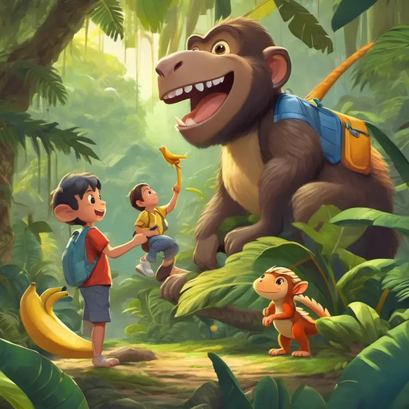 a friendly monkey offering bananas to a dinosaur and a boy in the jungle