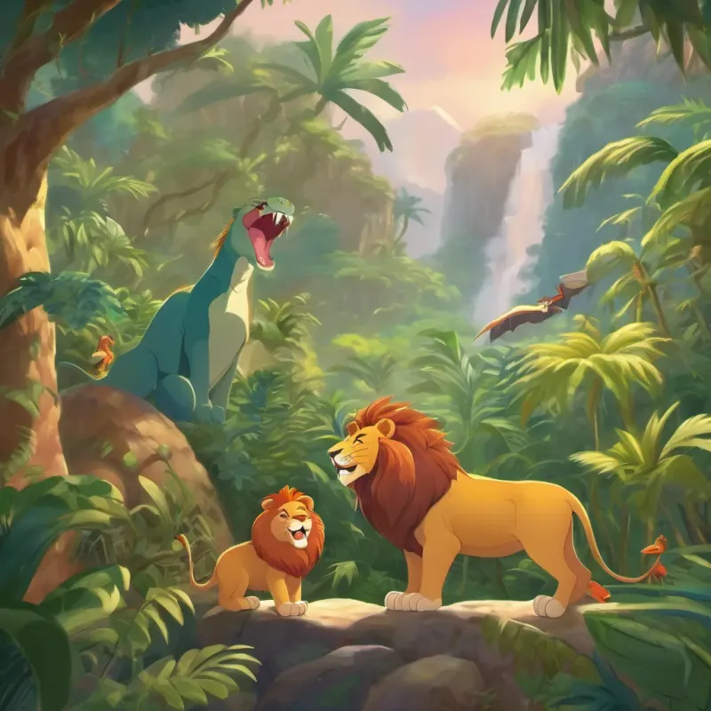 a pair of lions singing and a boy with a dinosaur enjoying the jungle sounds