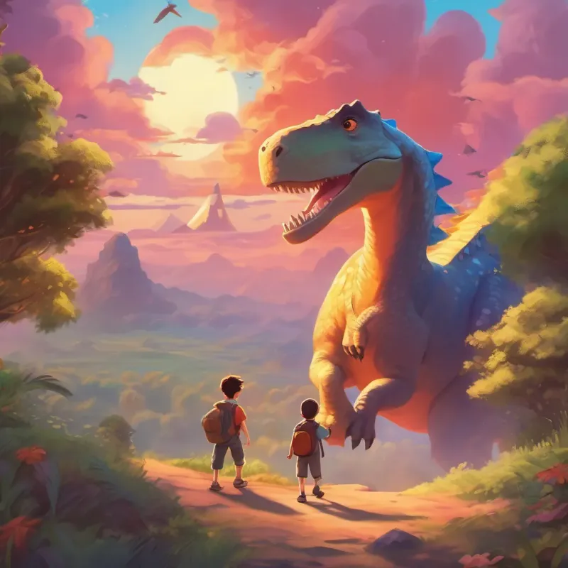 a colorful sunset with a boy and a dinosaur waving goodbye while flying