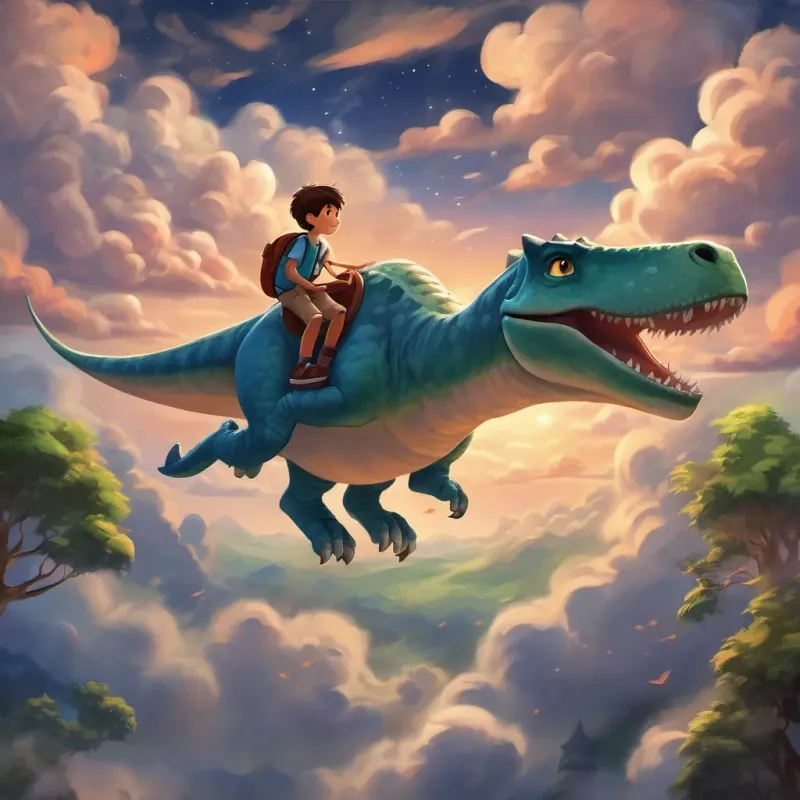 a boy and a dinosaur flying through fluffy nighttime clouds, having a friendly conversation