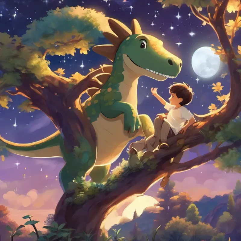 a boy hugging a dinosaur under a tree with a nighttime sky full of stars and moonlight