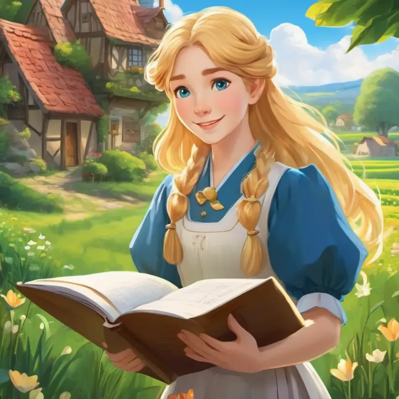 A village with cozy houses, green fields, and a smiling Lily is a young maiden with golden hair and sparkling blue eyes holding a workbook