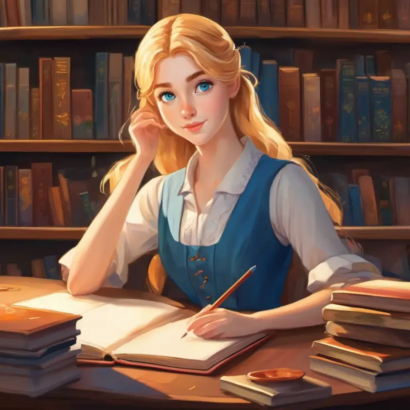 Lily is a young maiden with golden hair and sparkling blue eyes sitting at a desk, filling out the workbook, surrounded by books and pencils