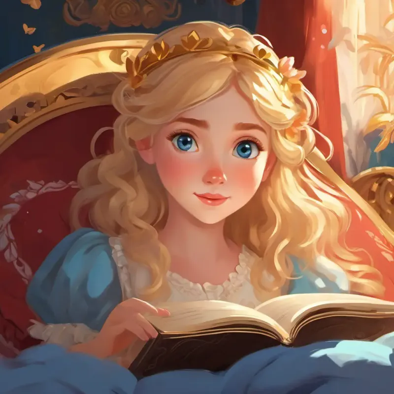 Lily is a young maiden with golden hair and sparkling blue eyes lying on a cozy bed, reading a storybook with a princess and a heart above her head