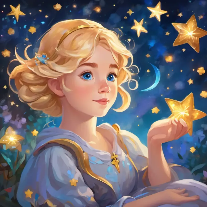 Lily is a young maiden with golden hair and sparkling blue eyes sitting with her eyes closed, holding a wand, surrounded by colorful stars and hearts