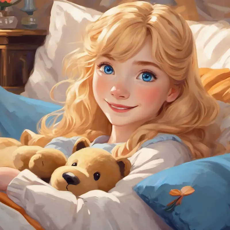 Lily is a young maiden with golden hair and sparkling blue eyes tucked comfortably in bed with a big smile, surrounded by pillows and stuffed animals