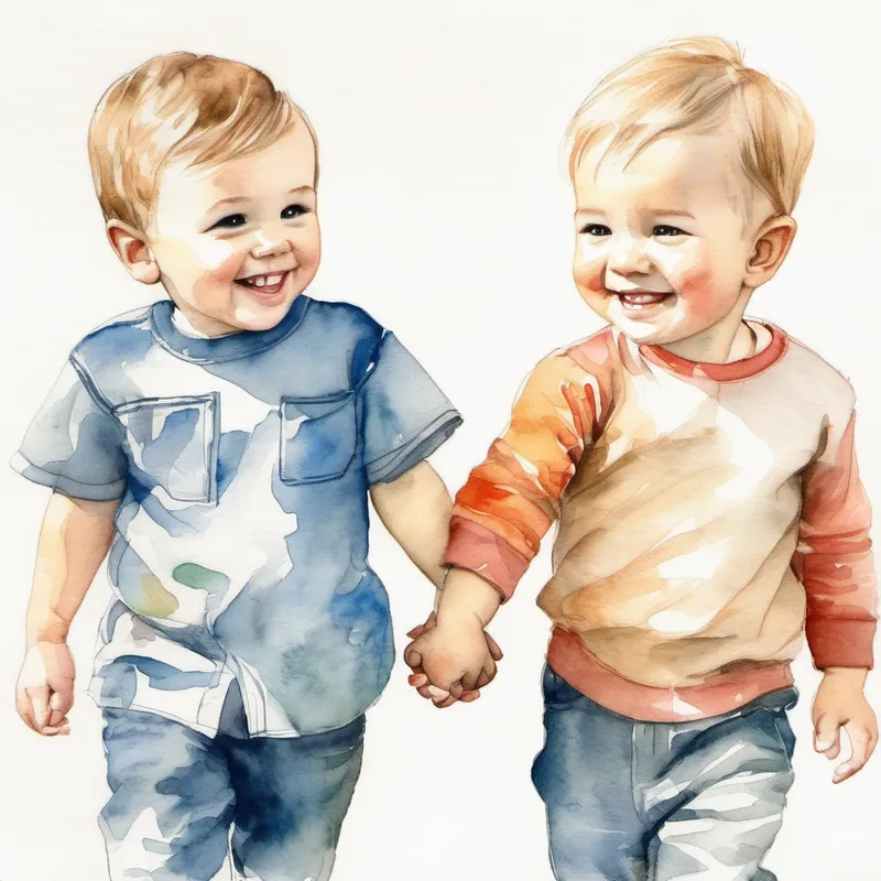 Two toddler brothers holding hands, smiling