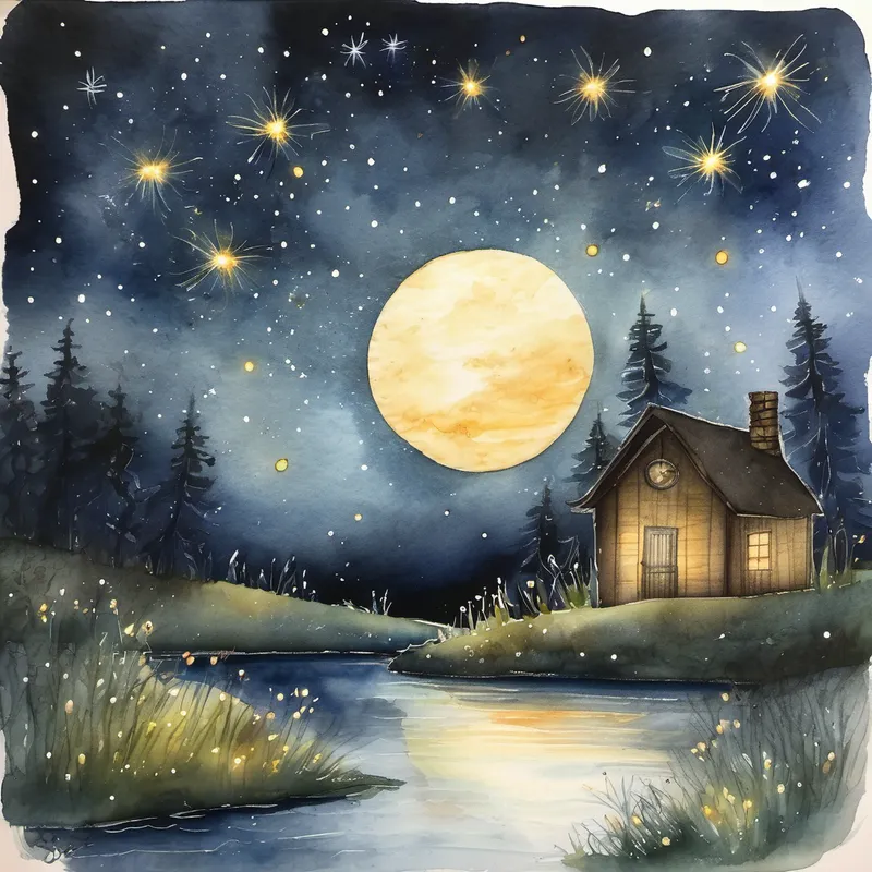 Dark night with stars and fireflies glowing