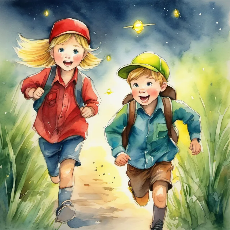 Blond hair, blue shirt, with a red cap and Brown hair, green shirt, with a yellow hat running after fireflies