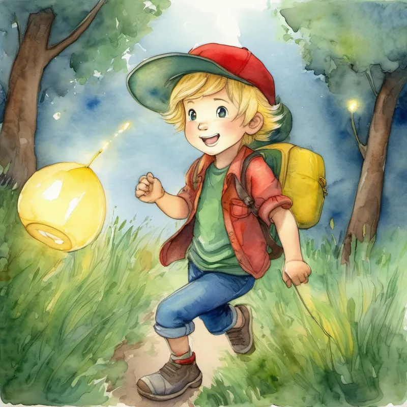 Blond hair, blue shirt, with a red cap and Brown hair, green shirt, with a yellow hat chasing fireflies outdoors