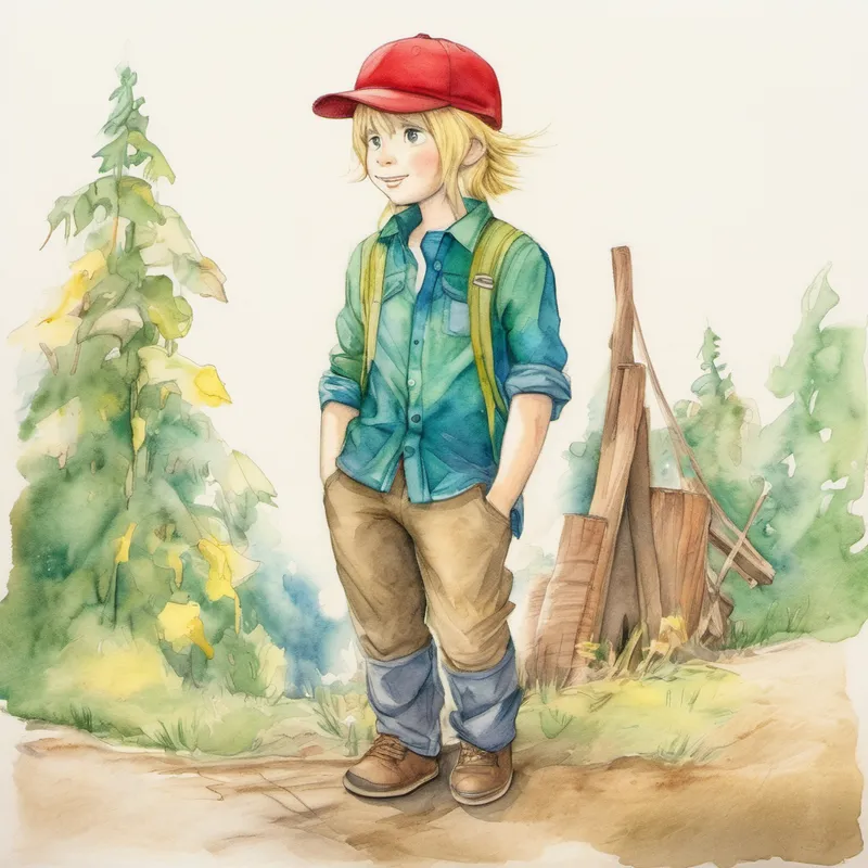 Blond hair, blue shirt, with a red cap and Brown hair, green shirt, with a yellow hat standing up after falling